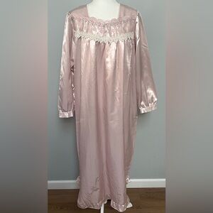 Fundamentals Vtg Sears Long Sleeve Pink‎ Satin Lace Embroidered L Nightgown New